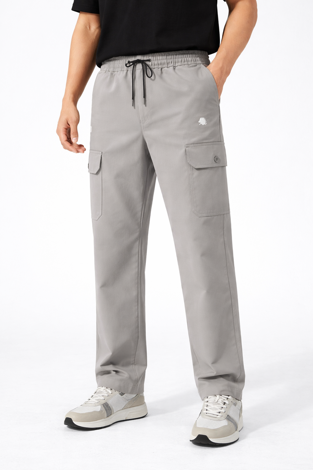 Men's Grey Cargo Lowers with Elastic Waist and Drawstring Pockets