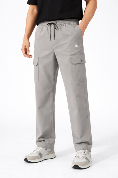 Men's Grey Cargo Lowers with Elastic Waist and Drawstring Pockets