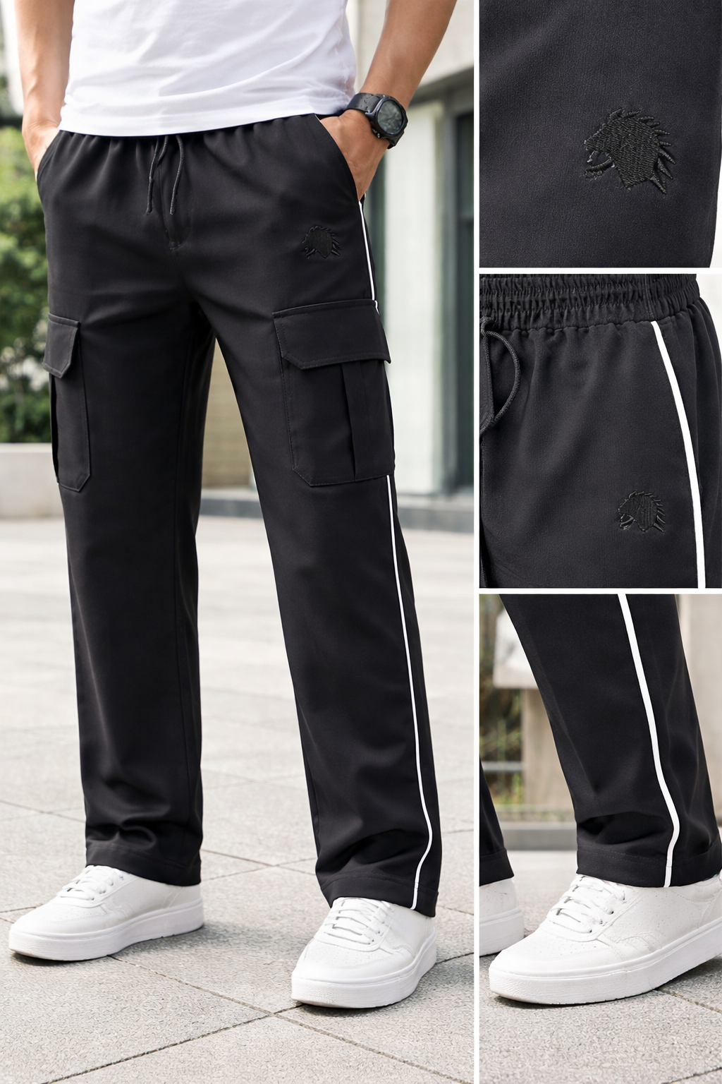 Men's Black Cargo Track Pants with Side Stripe Elastic Waist Streetwear Joggers
