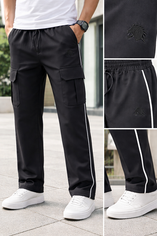 Men's Black Cargo Track Pants with Side Stripe Elastic Waist Streetwear Joggers