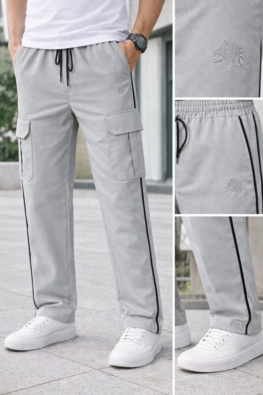 Men's Light Grey Cargo Track Pants with Elastic Waist and Utility Pockets