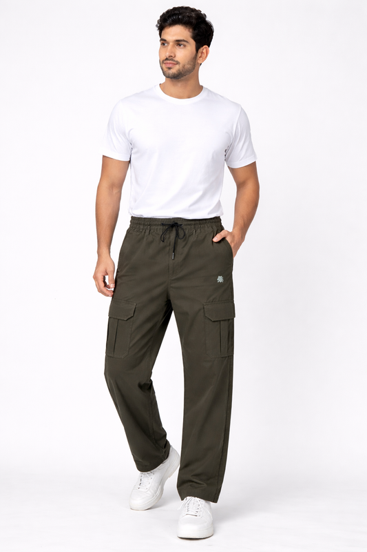 Men's Olive Green Cargo Pants with Multiple Utility Pockets and Relaxed Fit