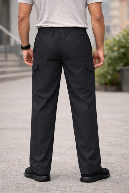 Men's Black Cargo Track Pants with Side Stripe Elastic Waist Streetwear Joggers
