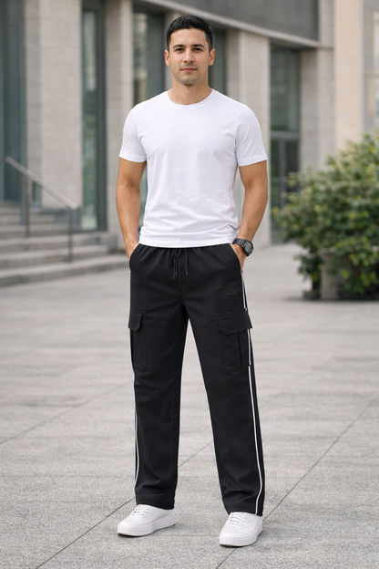 Men's Black Cargo Track Pants with Side Stripe Elastic Waist Streetwear Joggers