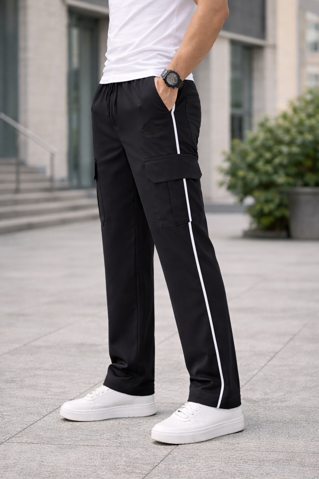 Men's Black Cargo Track Pants with Side Stripe Elastic Waist Streetwear Joggers
