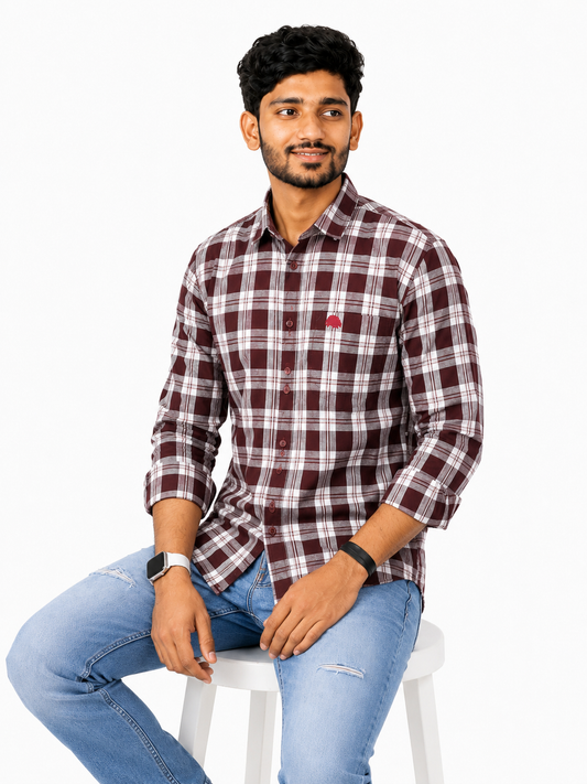 Lionies Men’s  Maroon Chekered Premium Casual Shirt
