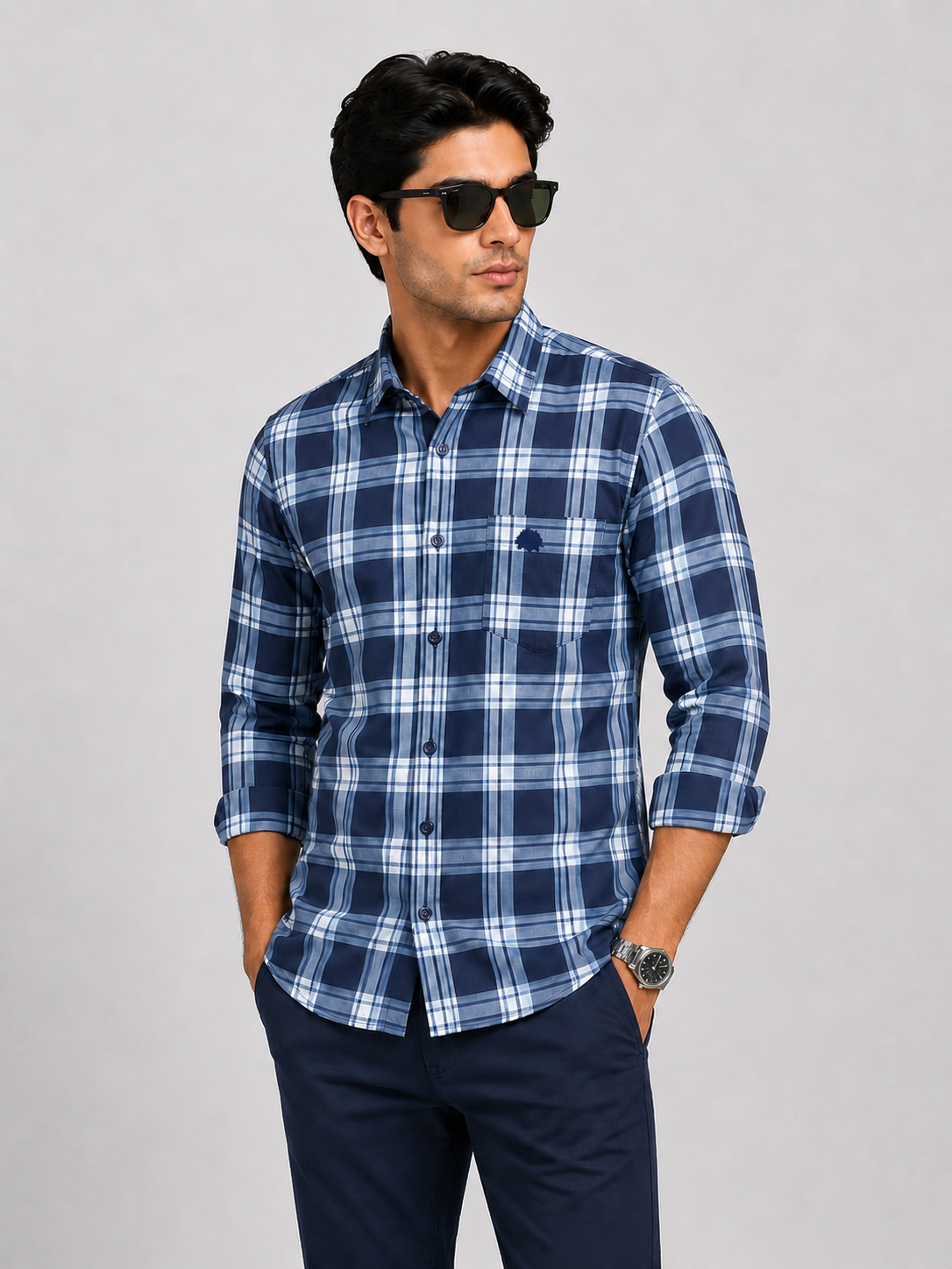 LIONIES Blue White Checked Premium Casual Shirt