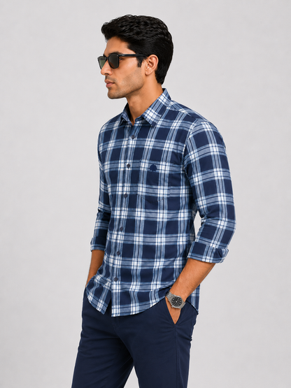 LIONIES Blue White Checked Premium Casual Shirt