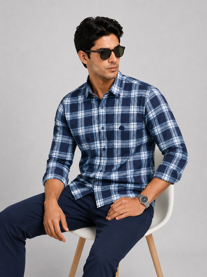 LIONIES Blue White Checked Premium Casual Shirt