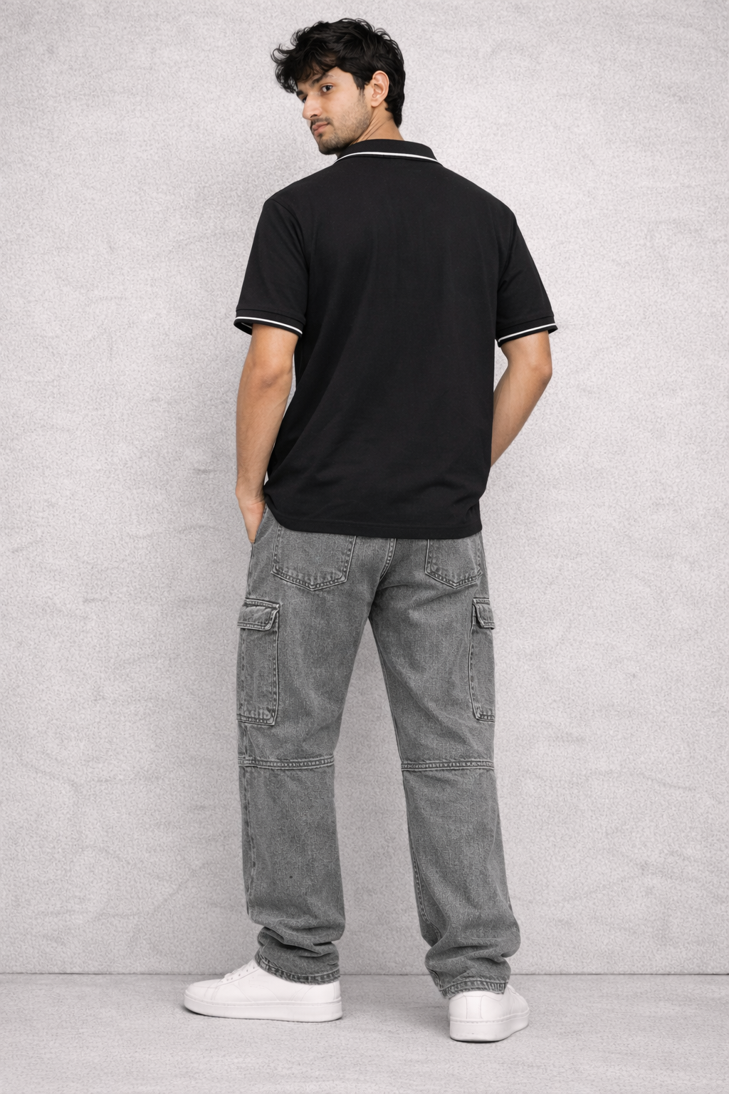 Men's Solid Black Polo T-Shirt Stylish Casual Wear with White Trim Collar