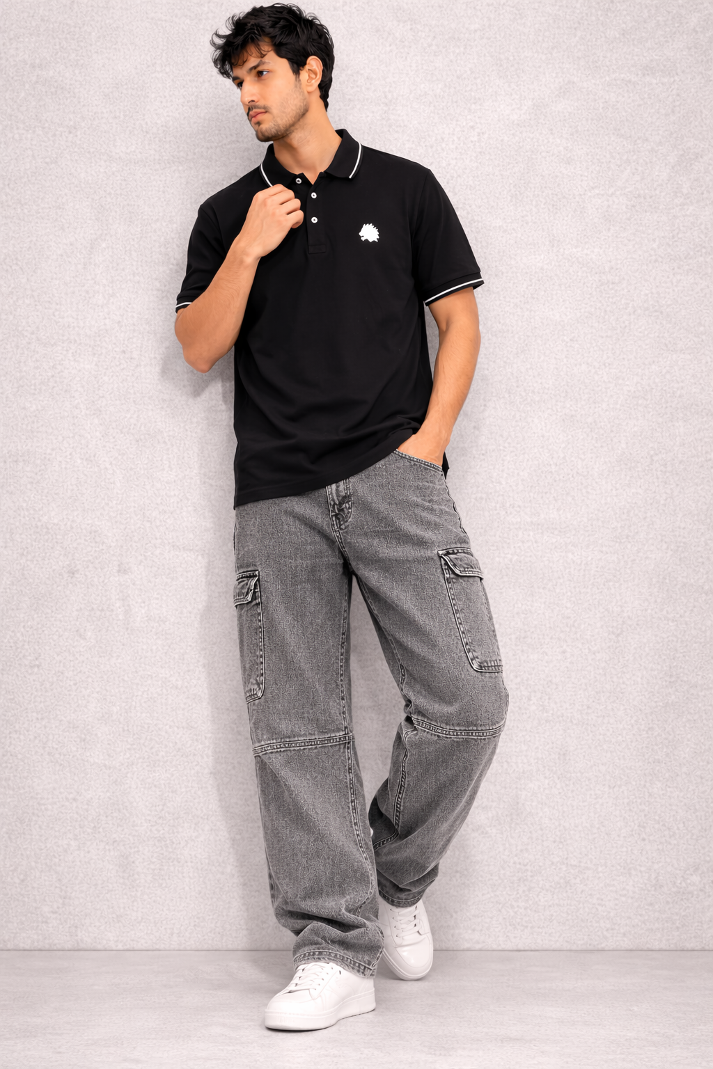 Men's Solid Black Polo T-Shirt Stylish Casual Wear with White Trim Collar