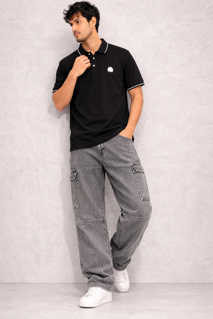 Men's Solid Black Polo T-Shirt Stylish Casual Wear with White Trim Collar
