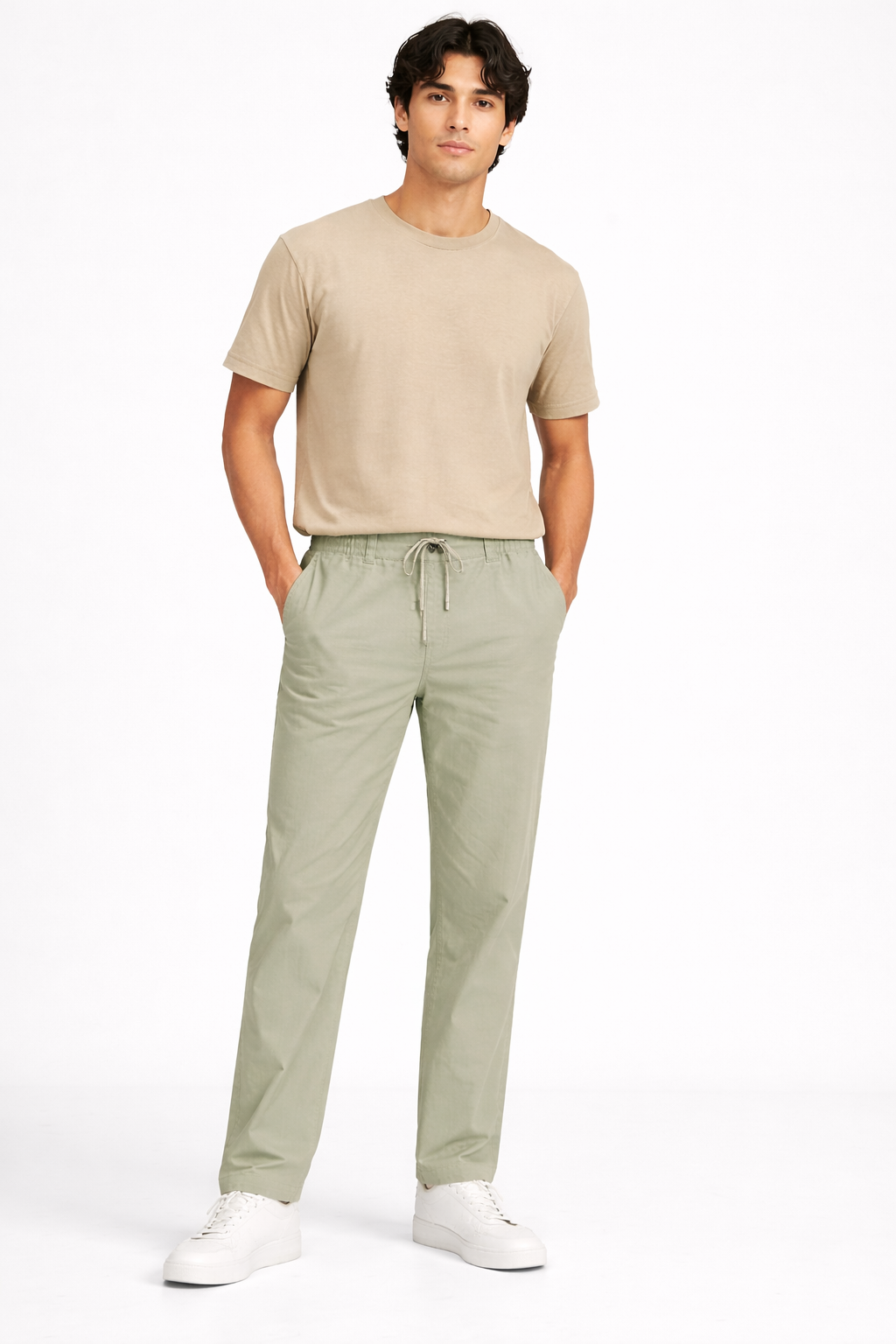 Men’s Casual Linen Pants – Soft Sage Green Elastic Waist Trousers
