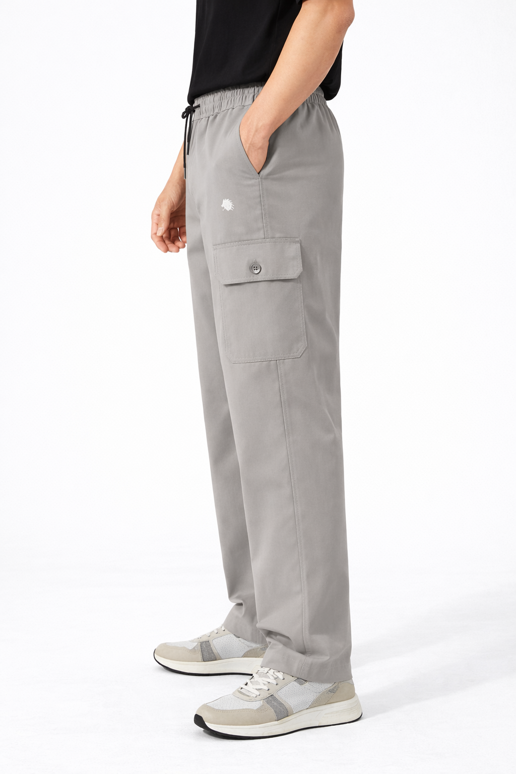Men's Grey Cargo Lowers with Elastic Waist and Drawstring Pockets