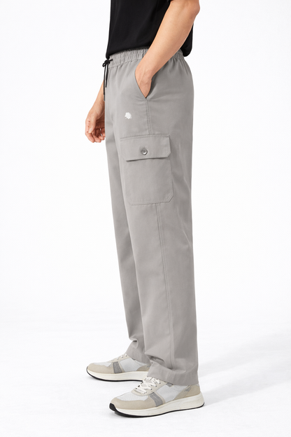 Men's Grey Cargo Lowers with Elastic Waist and Drawstring Pockets