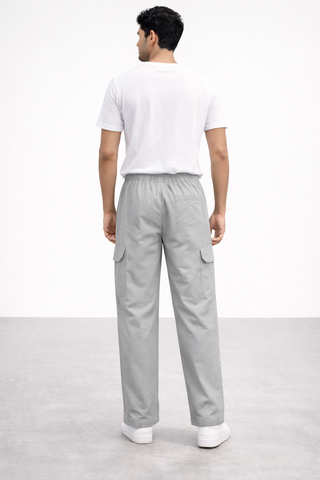 Men's Light Grey Cargo Track Pants with Elastic Waist and Utility Pockets