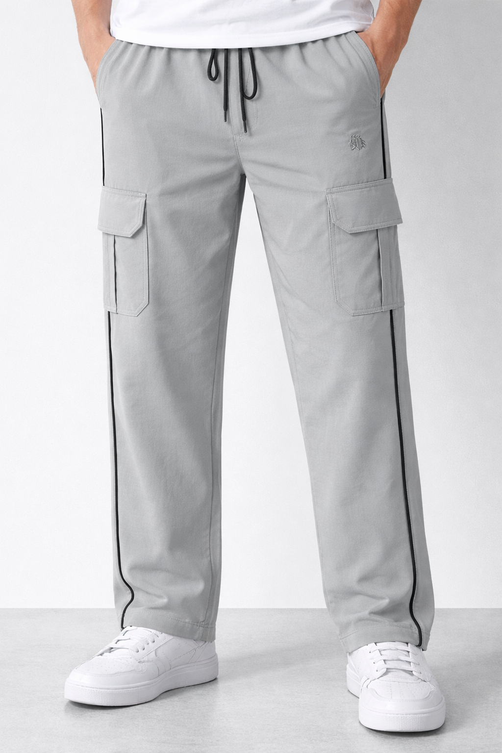 Men's Light Grey Cargo Track Pants with Elastic Waist and Utility Pockets