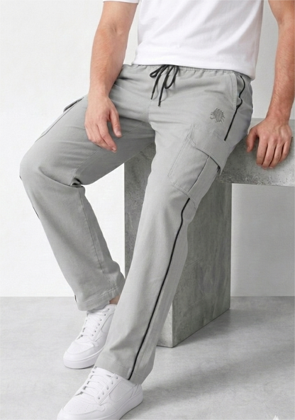 Men's Light Grey Cargo Track Pants with Elastic Waist and Utility Pockets