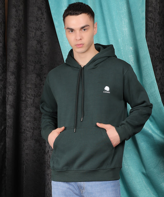 Lionies Premium Cotton Fleece Bottle Green Hoodie for Men - 400 GSM