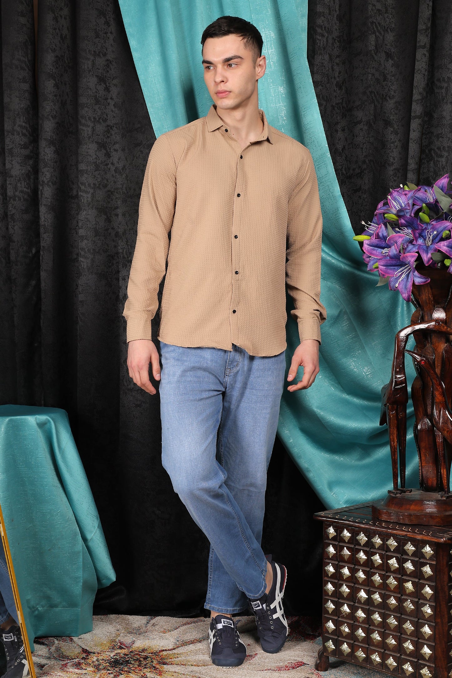 Lionies Plain Beige Polyester Popcorn Full Sleeve Shirt