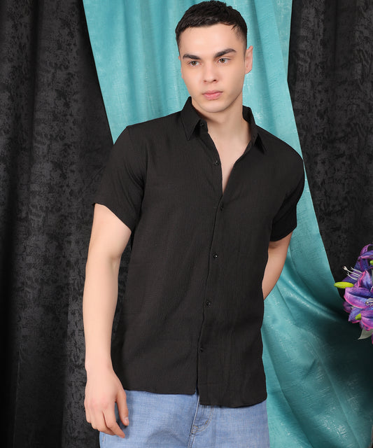 Lionies Plain Black Popcorn Half Sleeve Shirt