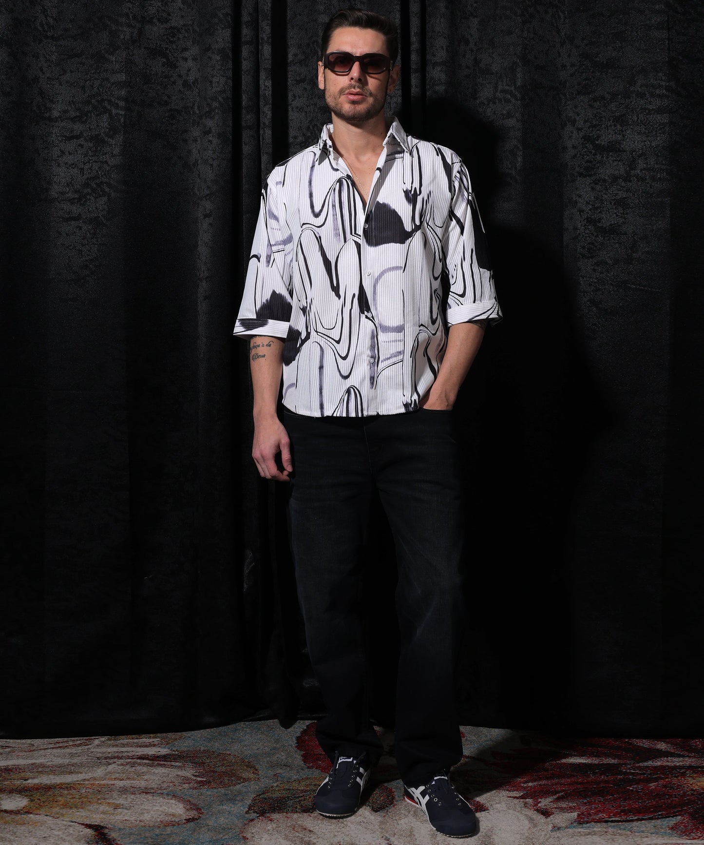 Lionies White and Grey Printed Lines Half Sleeve Shirt