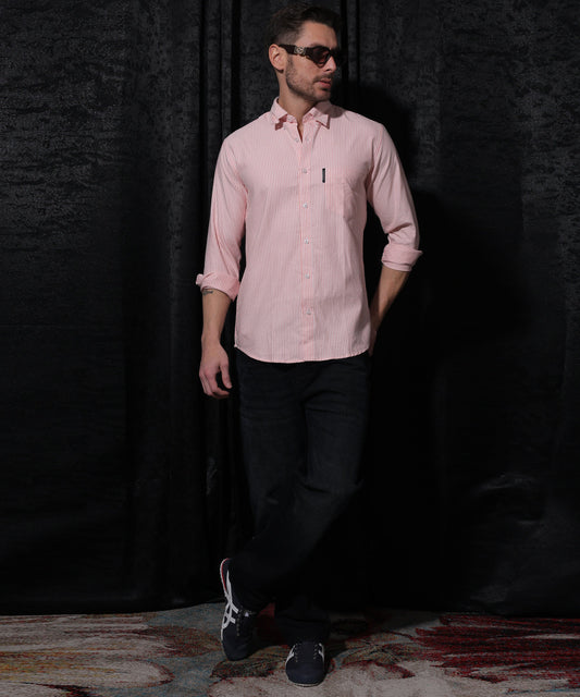 🎁 Lionies Pink & White Striped Spread Collar Casual Cotton Shirt for Men (100% off)