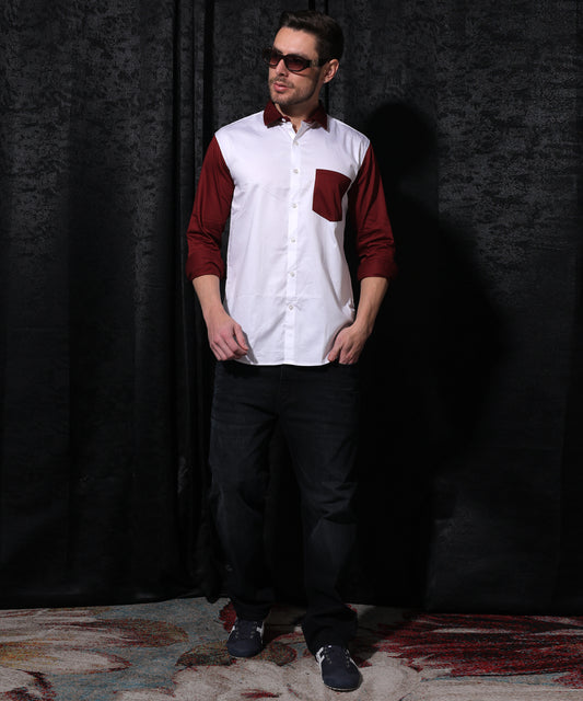 Lionies White And Maroon Cut N Sew Designer Shirt