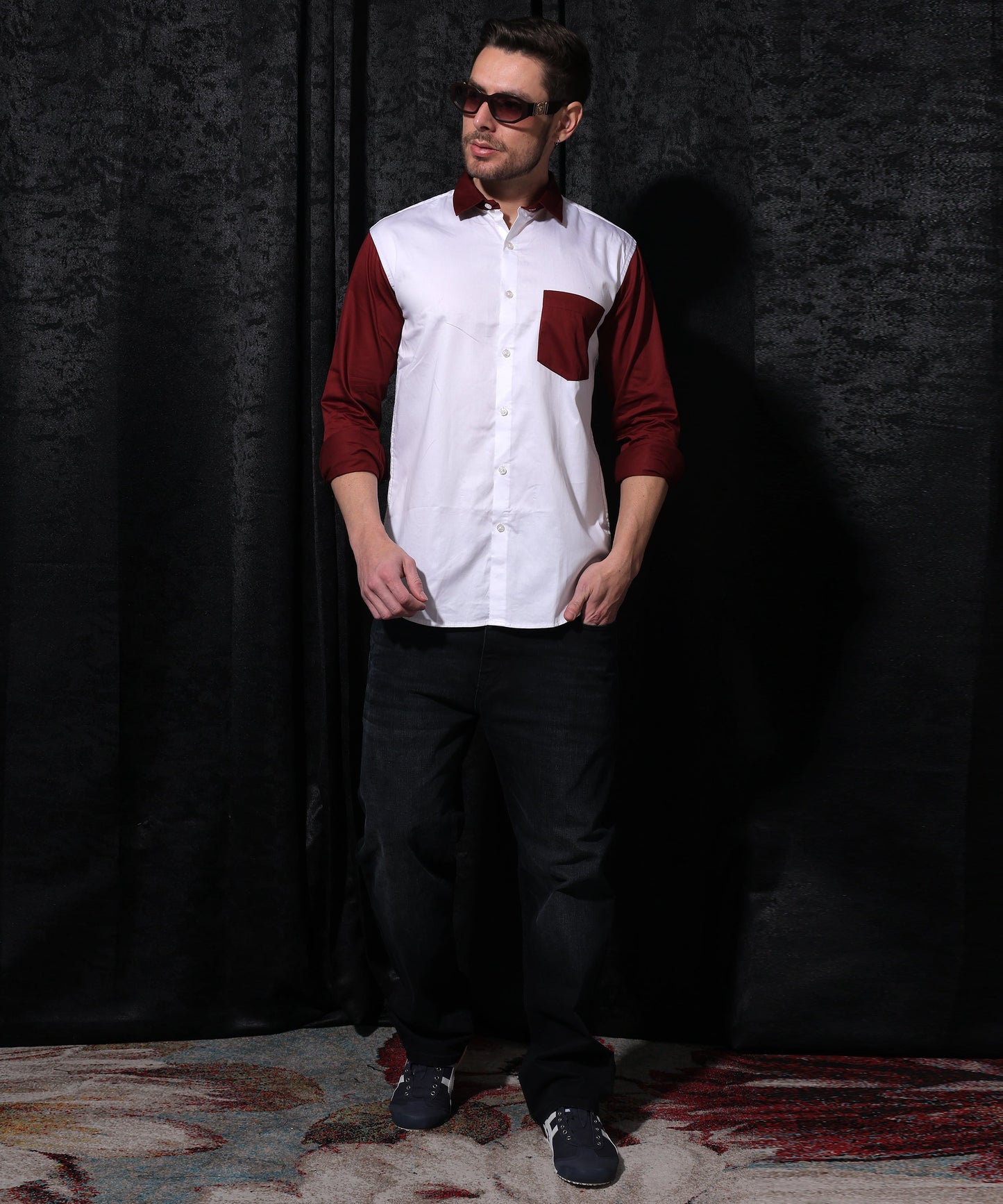 🎁 Lionies White And Maroon Cut N Sew Designer Shirt (100% off)