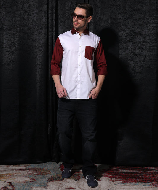 🎁 Lionies White And Maroon Cut N Sew Designer Shirt (100% off)