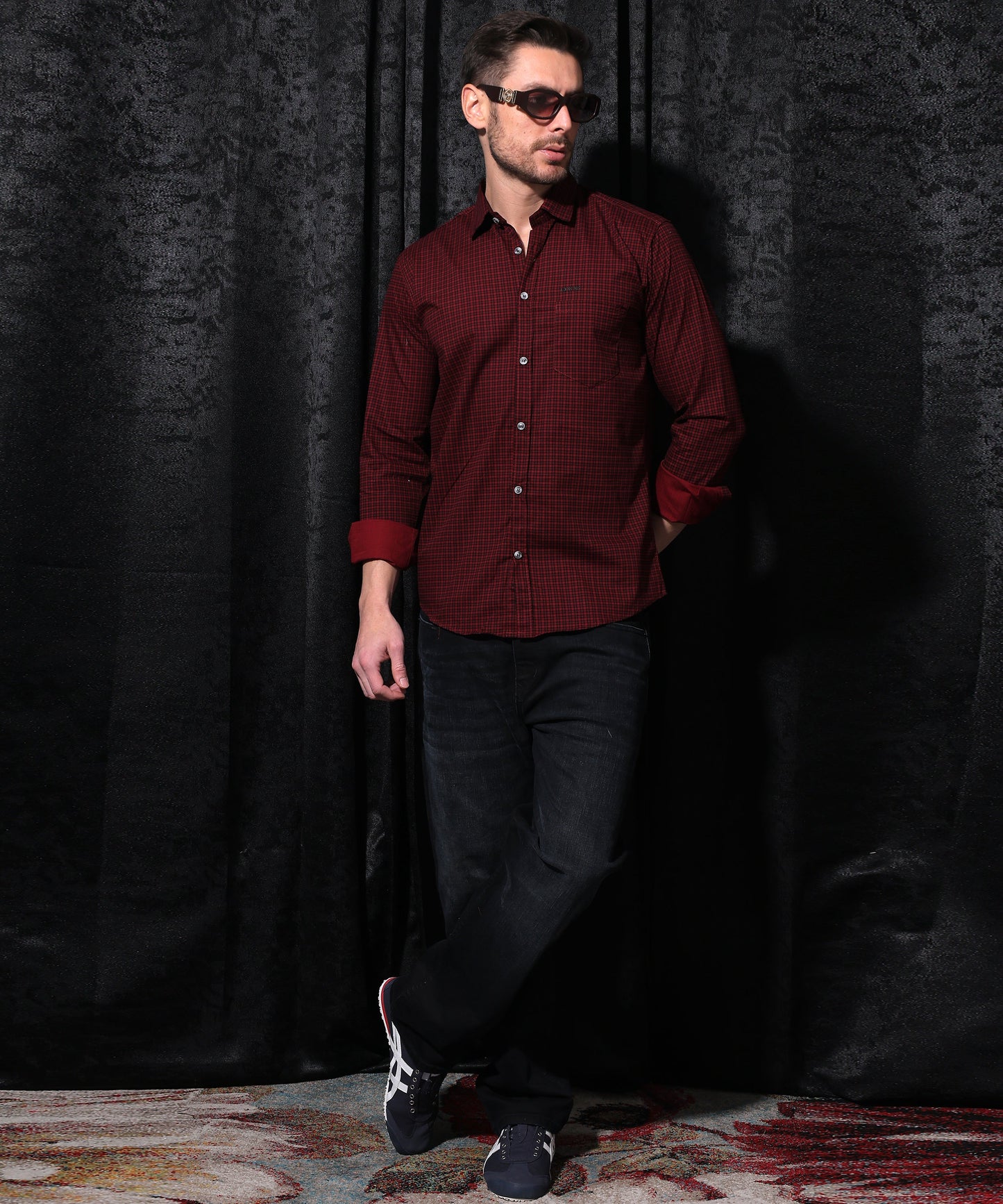 Lionies Men Red Regular Fit Check Full Sleeves Cotton Shirt
