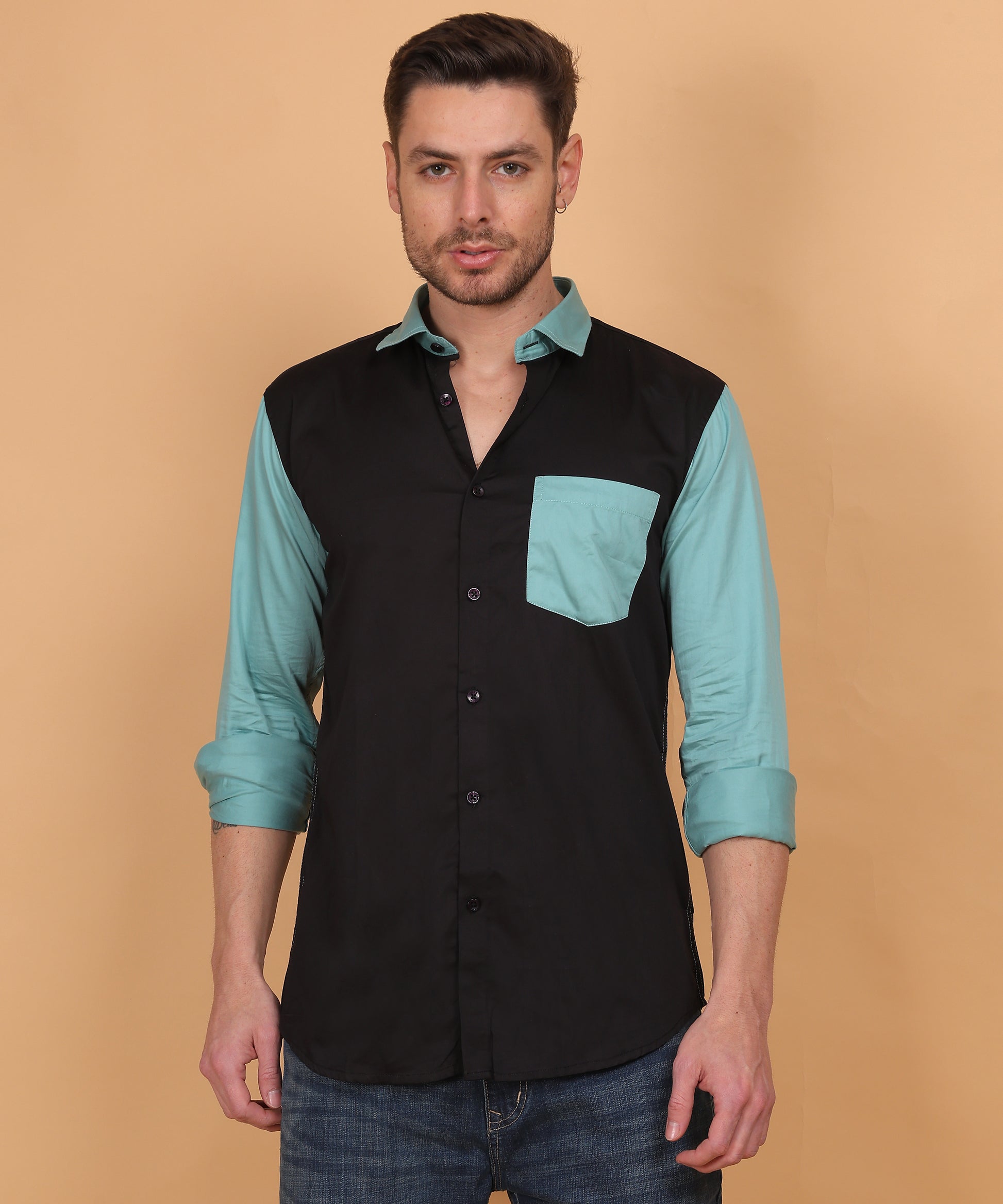  Lionies Black and Blue Cut N Sew Designer Shirt crafted from premium cotton-linen fabric with a 210 GSM weave, ensuring superior comfort and breathability. 