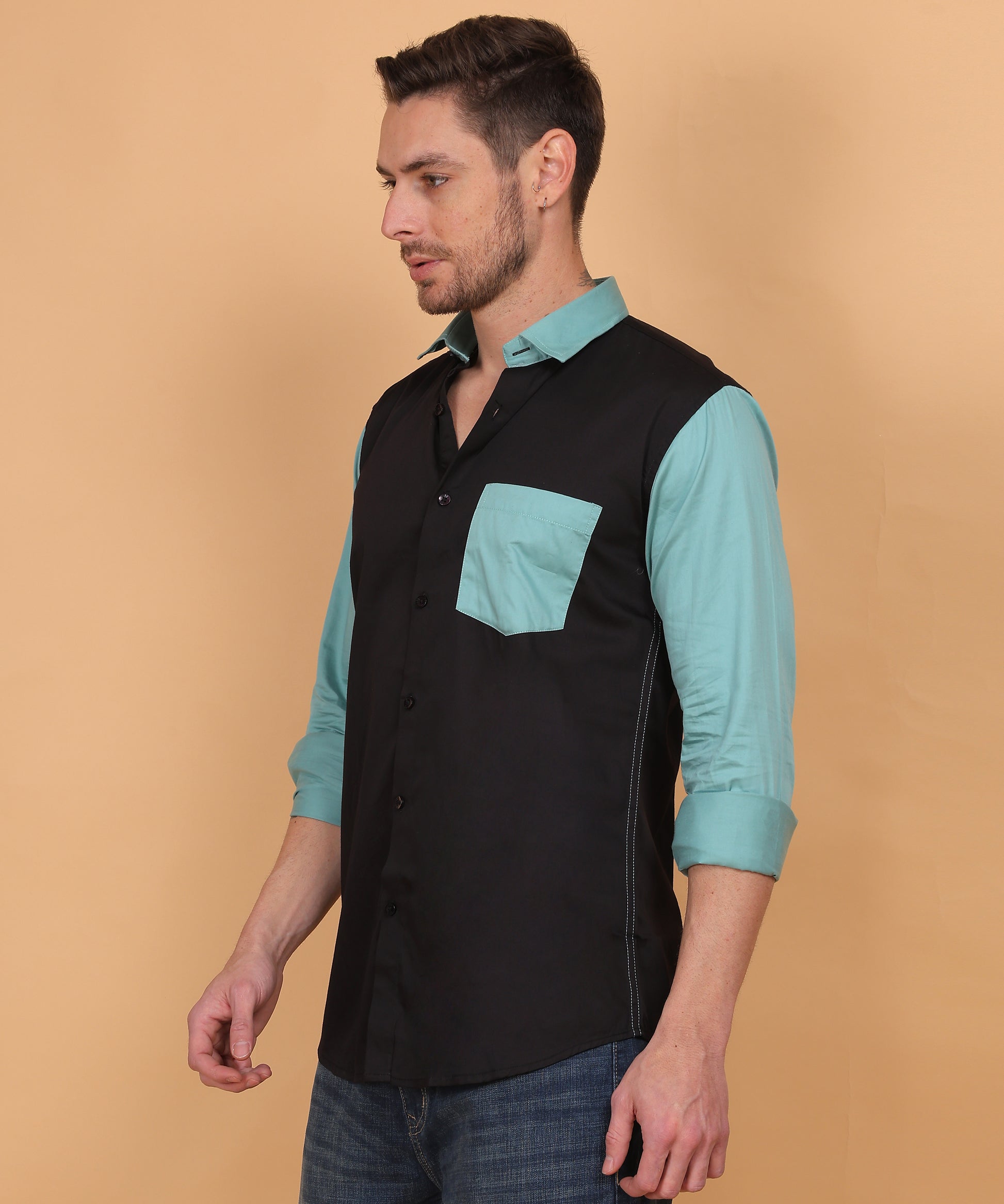  Lionies Black and Blue Cut N Sew Designer Shirt crafted from premium cotton-linen fabric with a 210 GSM weave, ensuring superior comfort and breathability. 