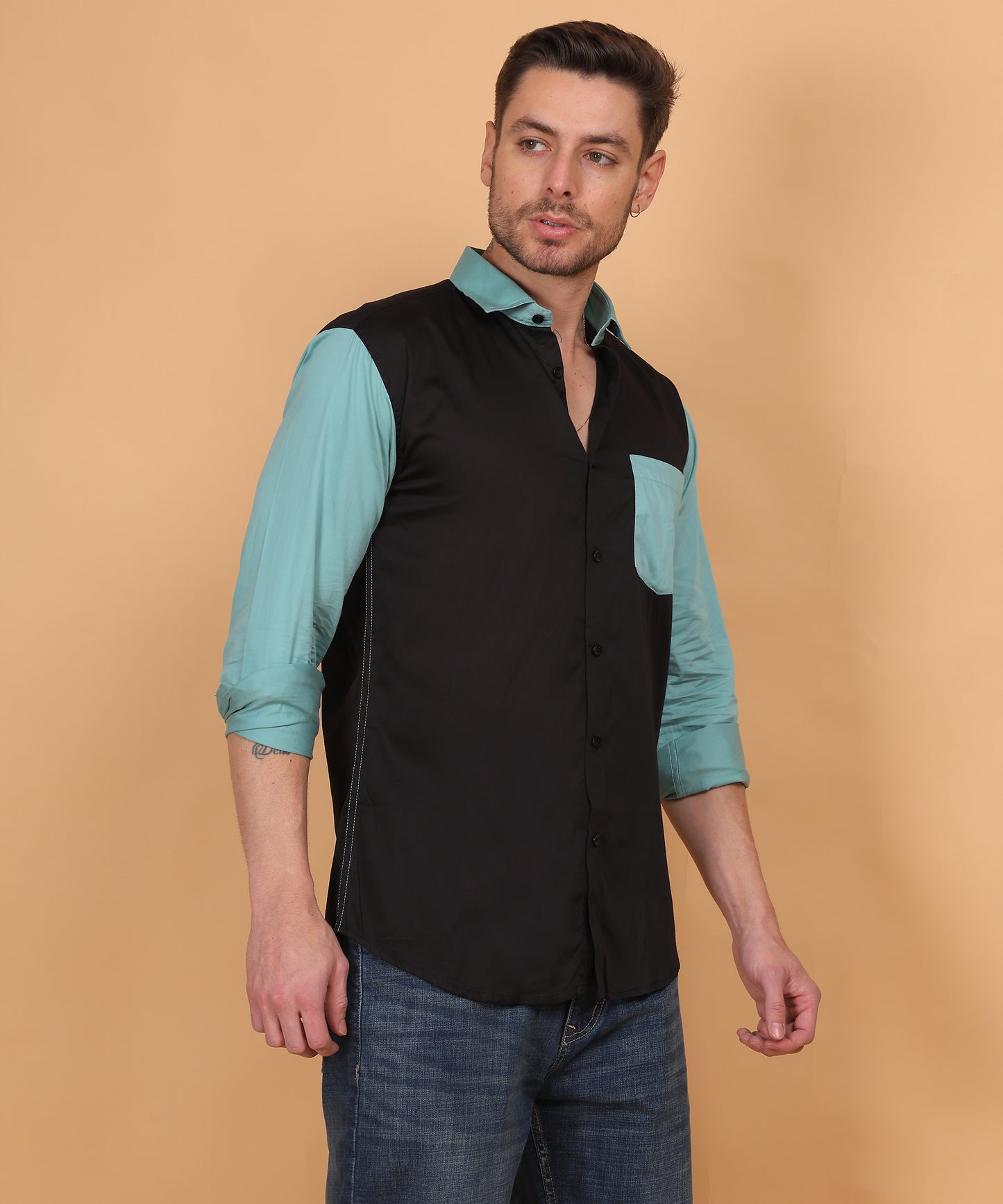  Lionies Black and Blue Cut N Sew Designer Shirt crafted from premium cotton-linen fabric with a 210 GSM weave, ensuring superior comfort and breathability. 
