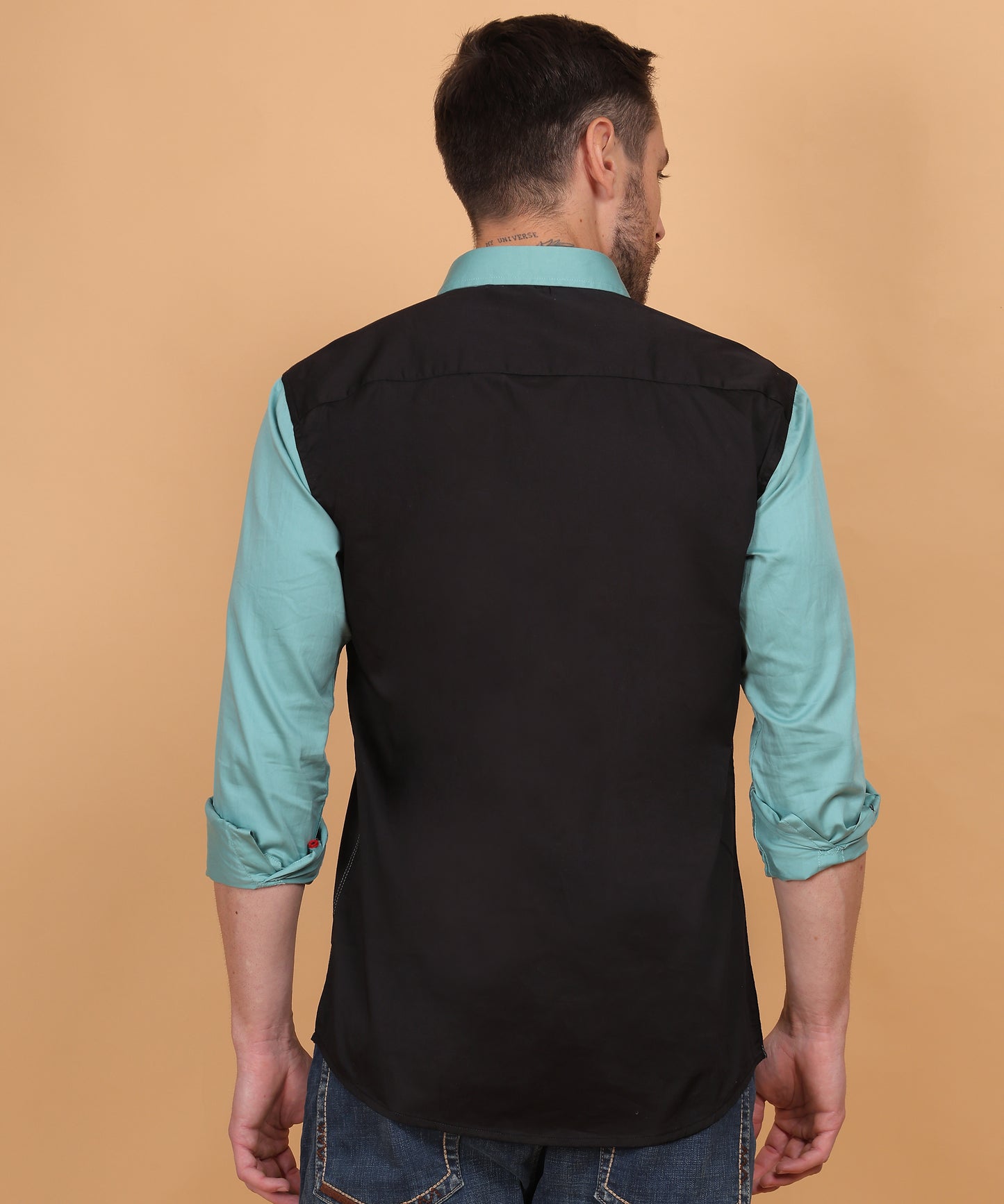  Lionies Black and Blue Cut N Sew Designer Shirt crafted from premium cotton-linen fabric with a 210 GSM weave, ensuring superior comfort and breathability. 