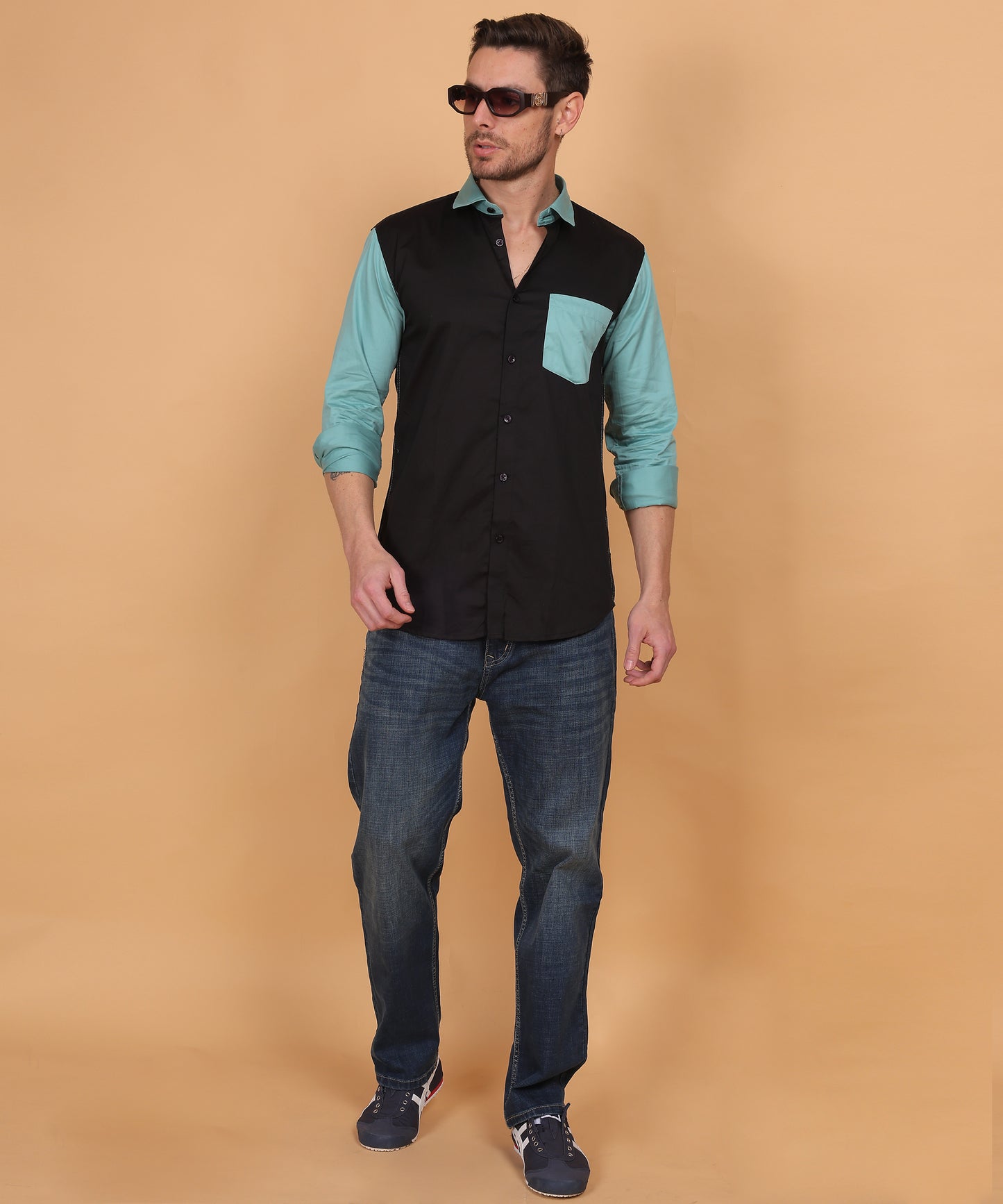  Lionies Black and Blue Cut N Sew Designer Shirt crafted from premium cotton-linen fabric with a 210 GSM weave, ensuring superior comfort and breathability. 