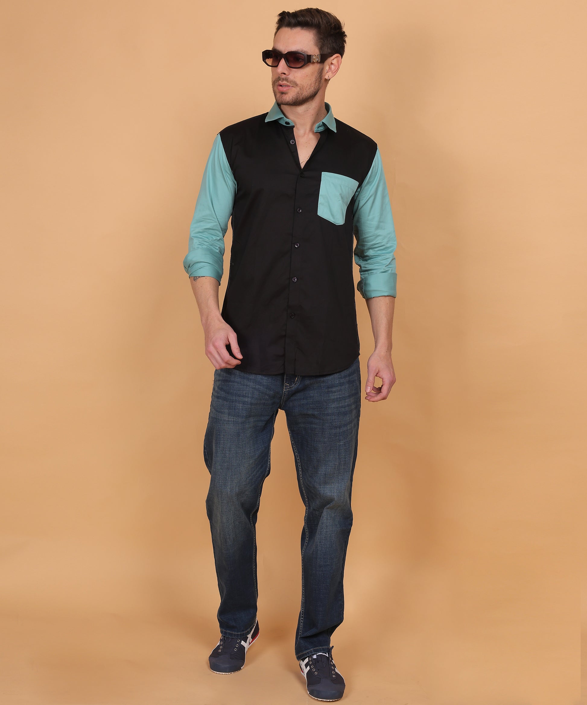  Lionies Black and Blue Cut N Sew Designer Shirt crafted from premium cotton-linen fabric with a 210 GSM weave, ensuring superior comfort and breathability. 