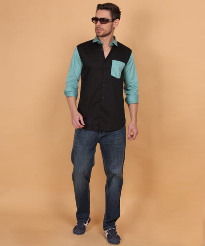  Lionies Black and Blue Cut N Sew Designer Shirt crafted from premium cotton-linen fabric with a 210 GSM weave, ensuring superior comfort and breathability. 