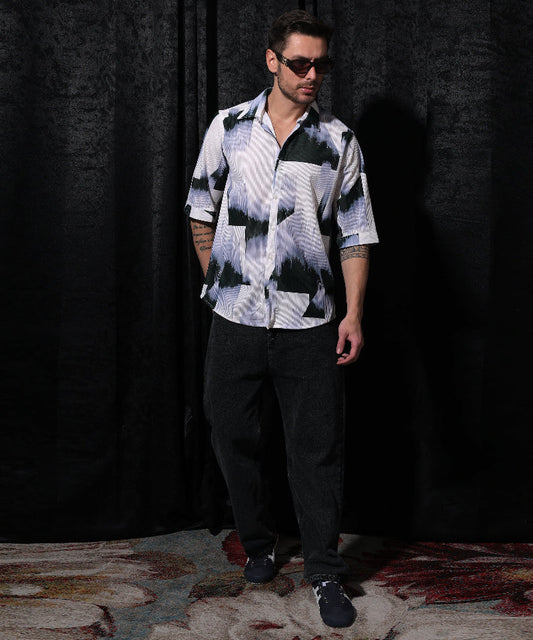Lionies Green and White Print Casual Half Sleeve Shirt