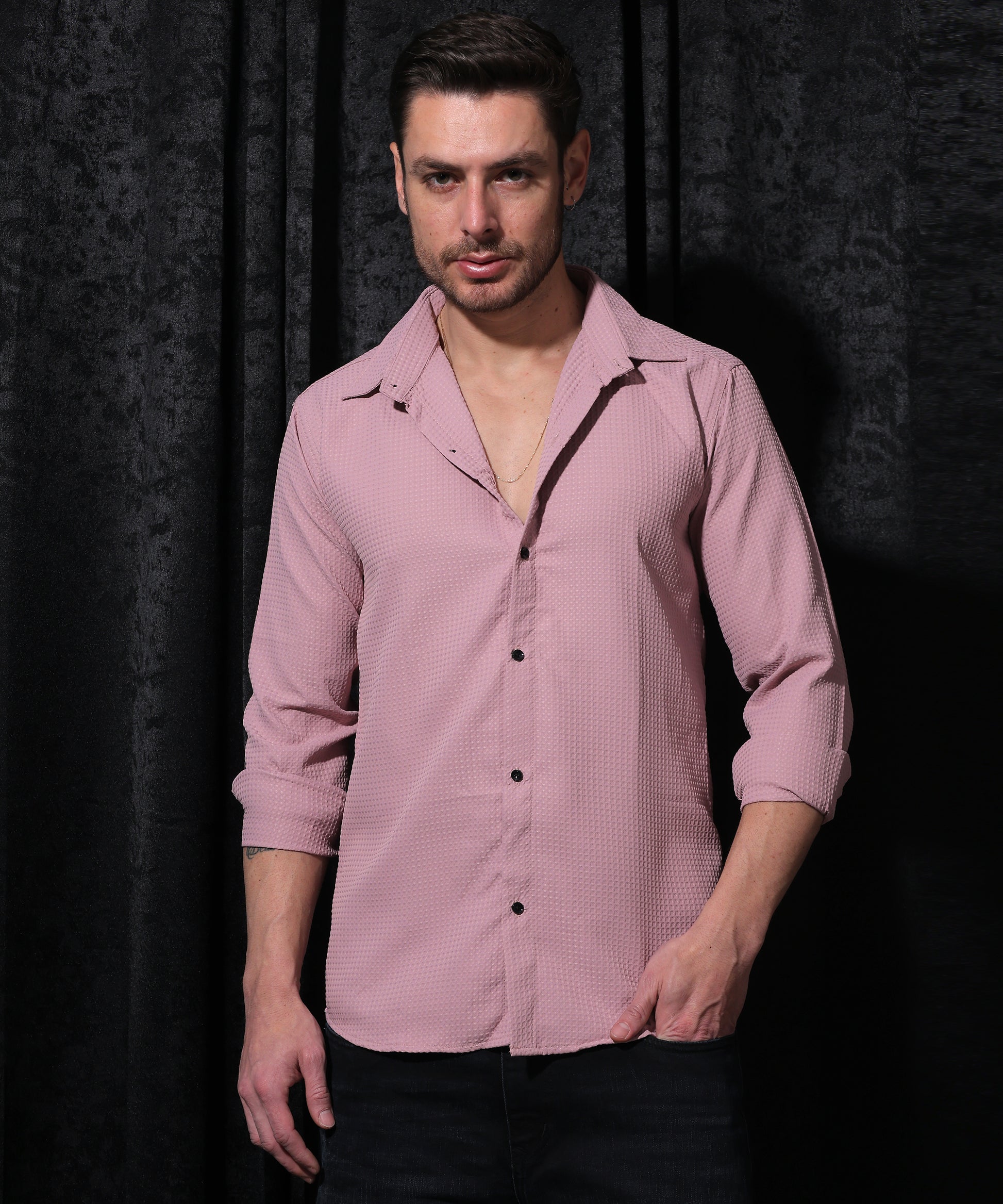 Lionies Pink Buffle Full Sleeve Shirt for Men, crafted from premium cotton fabric, featuring a vibrant pink shade, full sleeves, and a refined tailored fit for versatile casual and semi-formal occasions.
