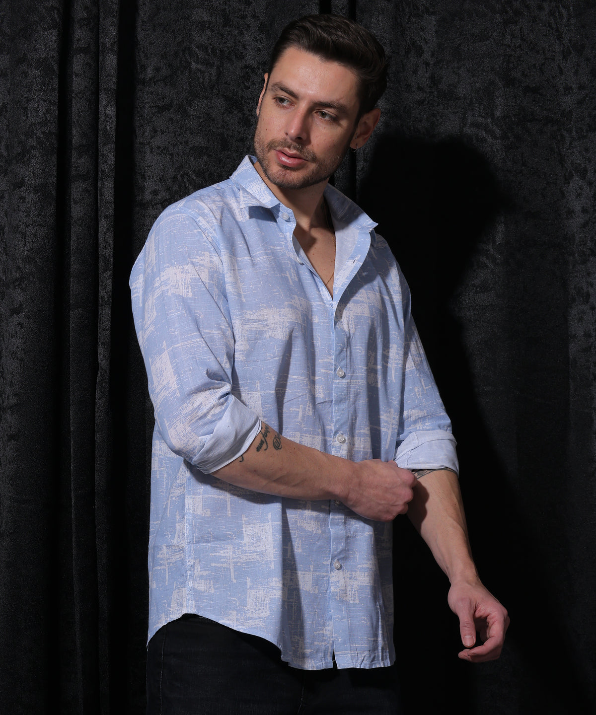 Premium Blue Printed Occasion Shirt by Lionies for Men, featuring a vibrant bright blue color with captivating print, crafted from soft cotton fabric, full sleeves, smart collar, and tailored fit for stylish casual and special events.
