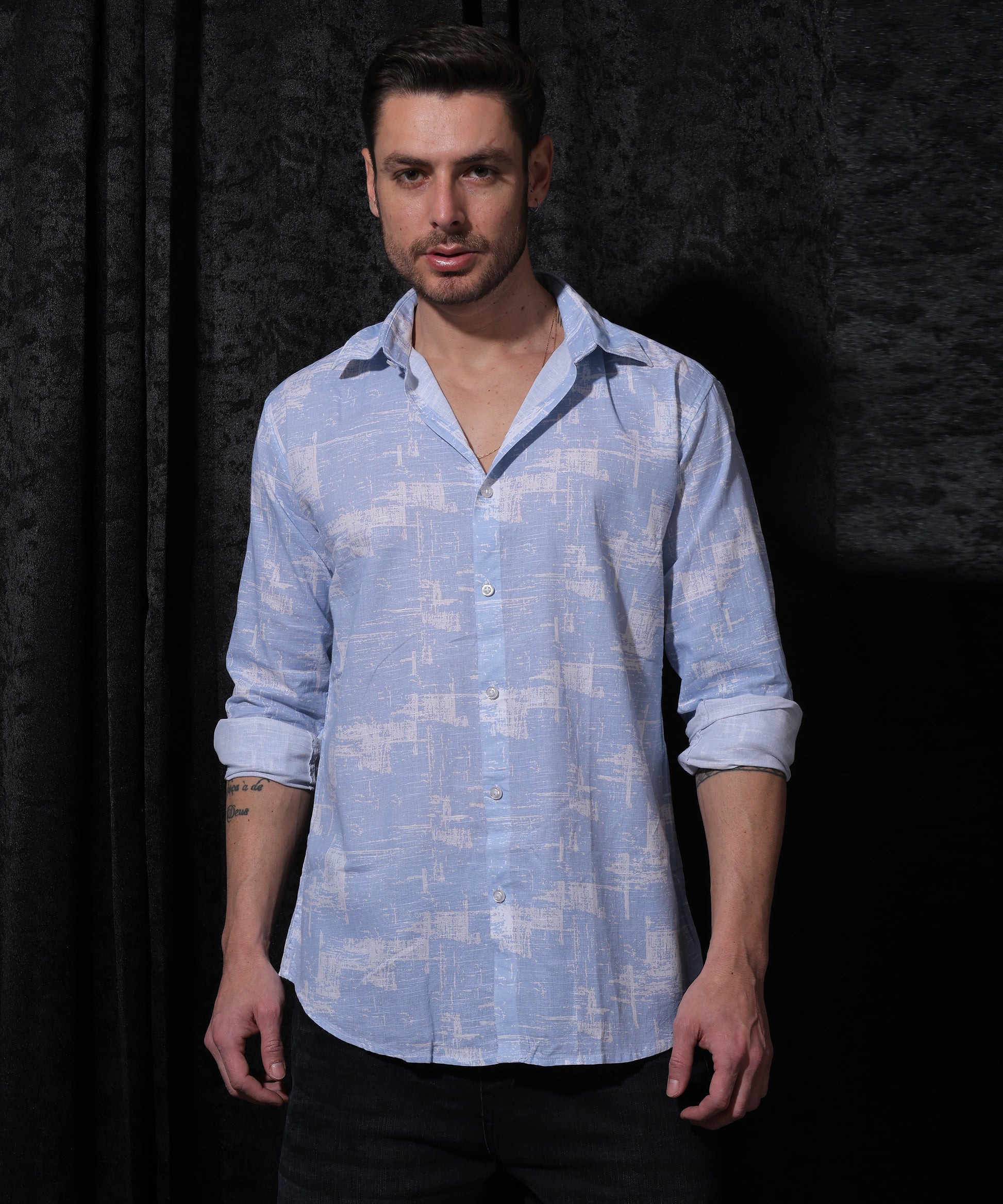 Premium Blue Printed Occasion Shirt by Lionies for Men, featuring a vibrant bright blue color with captivating print, crafted from soft cotton fabric, full sleeves, smart collar, and tailored fit for stylish casual and special events.