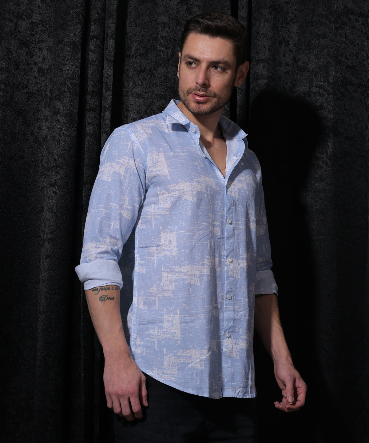 Premium Blue Printed Occasion Shirt by Lionies for Men, featuring a vibrant bright blue color with captivating print, crafted from soft cotton fabric, full sleeves, smart collar, and tailored fit for stylish casual and special events.