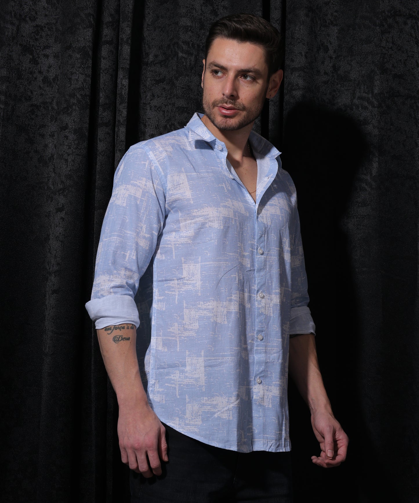 Premium Blue Printed Occasion Shirt by Lionies for Men, featuring a vibrant bright blue color with captivating print, crafted from soft cotton fabric, full sleeves, smart collar, and tailored fit for stylish casual and special events.