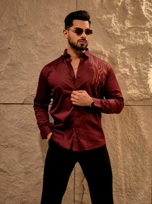 Lionies Men’s Maroon Designer Shirt with Gold Studded Detailing