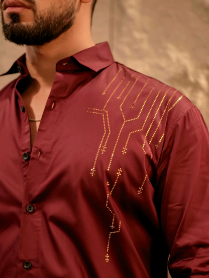 Lionies Men’s Maroon Designer Shirt with Gold Studded Detailing