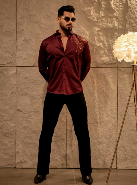 Lionies Men’s Maroon Designer Shirt with Gold Studded Detailing
