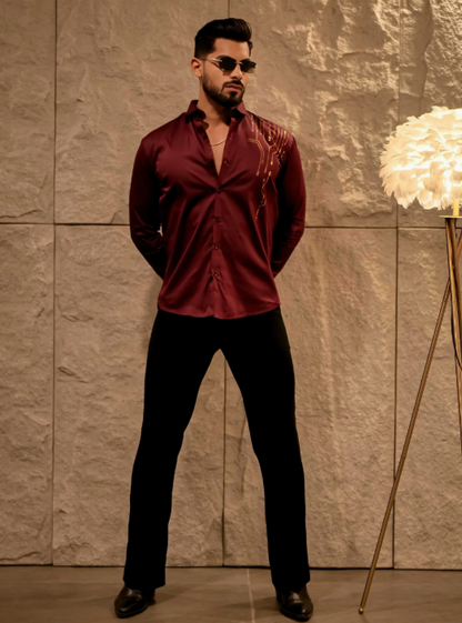 Lionies Men’s Maroon Designer Shirt with Gold Studded Detailing