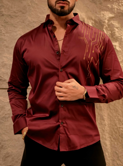 Lionies Men’s Maroon Designer Shirt with Gold Studded Detailing