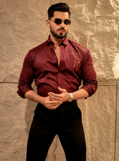 Lionies Men’s Maroon Designer Shirt with Gold Studded Detailing